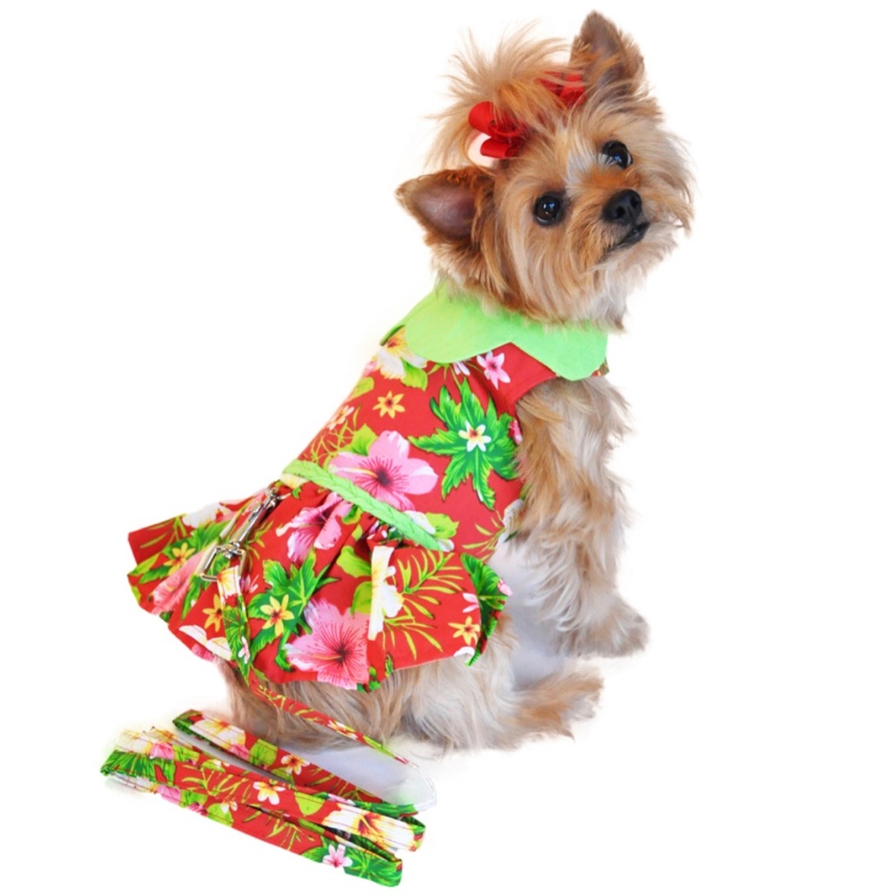 Doggie Design Pet Fashion Hawaiian Red Hibiscus Dog Dress, with Leash- Large